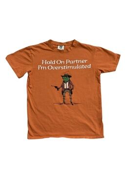 Hold On Partner I’m Overstimulated Frog Cowboy T-Shirt Small comfort colors
